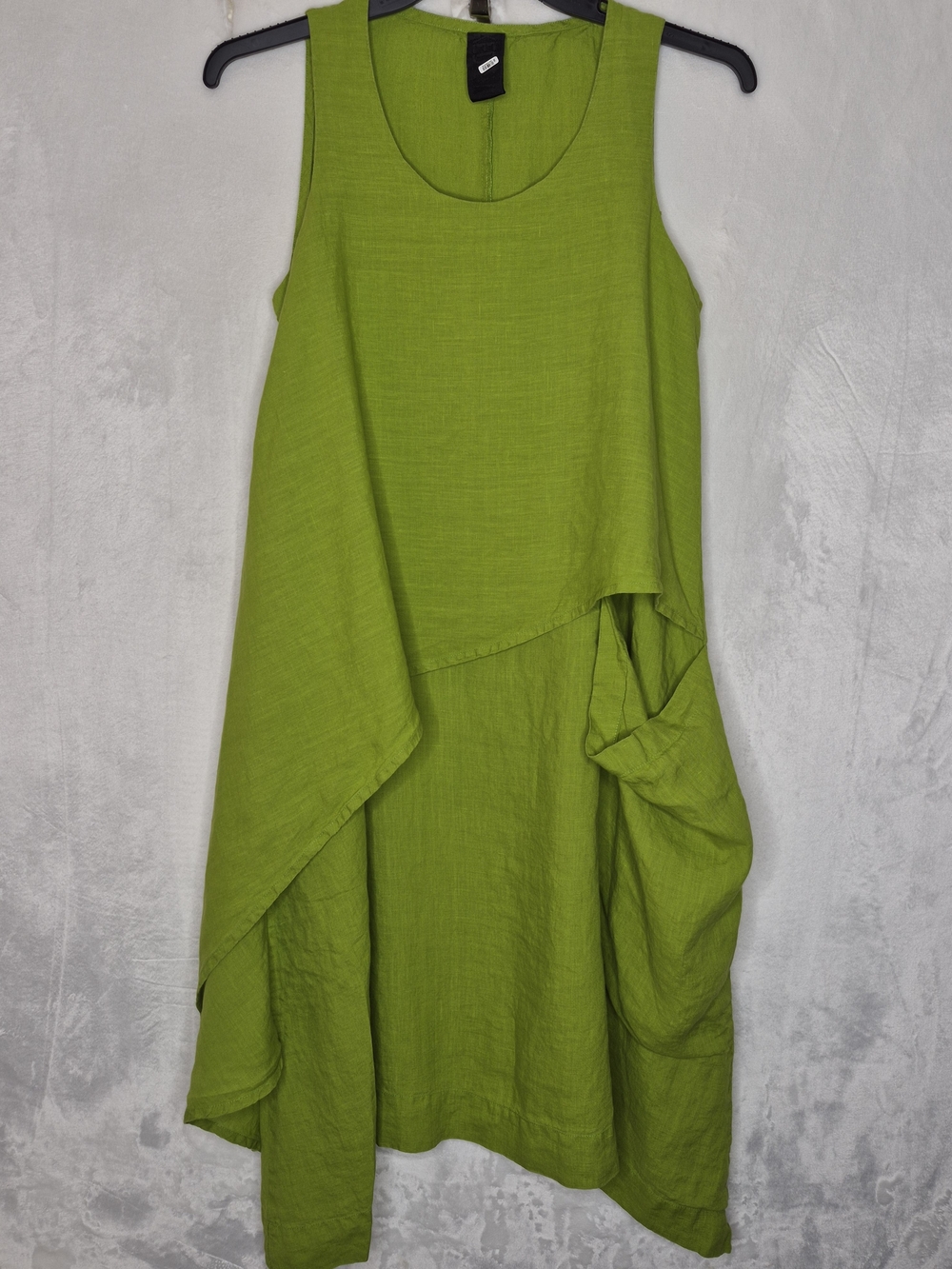 Kedem Sasson Linen Asymmetric Lagenlook Dress Lime Green Single Deep Pocket M